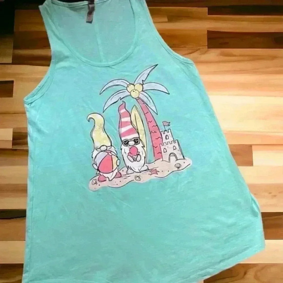 Gnome Tanks Set of 2 Adorable Teal and Gray Tanks Sz Large Tropical/Patriotic. - Picture 2 of 3